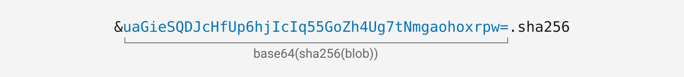 &uaGieSQDJcHfUp6hjIcIq55GoZh4Ug7tNmgaohoxrpw=.sha256 where everything between & and .sha256 is the base64-encoding of the sha256 hash of the blob