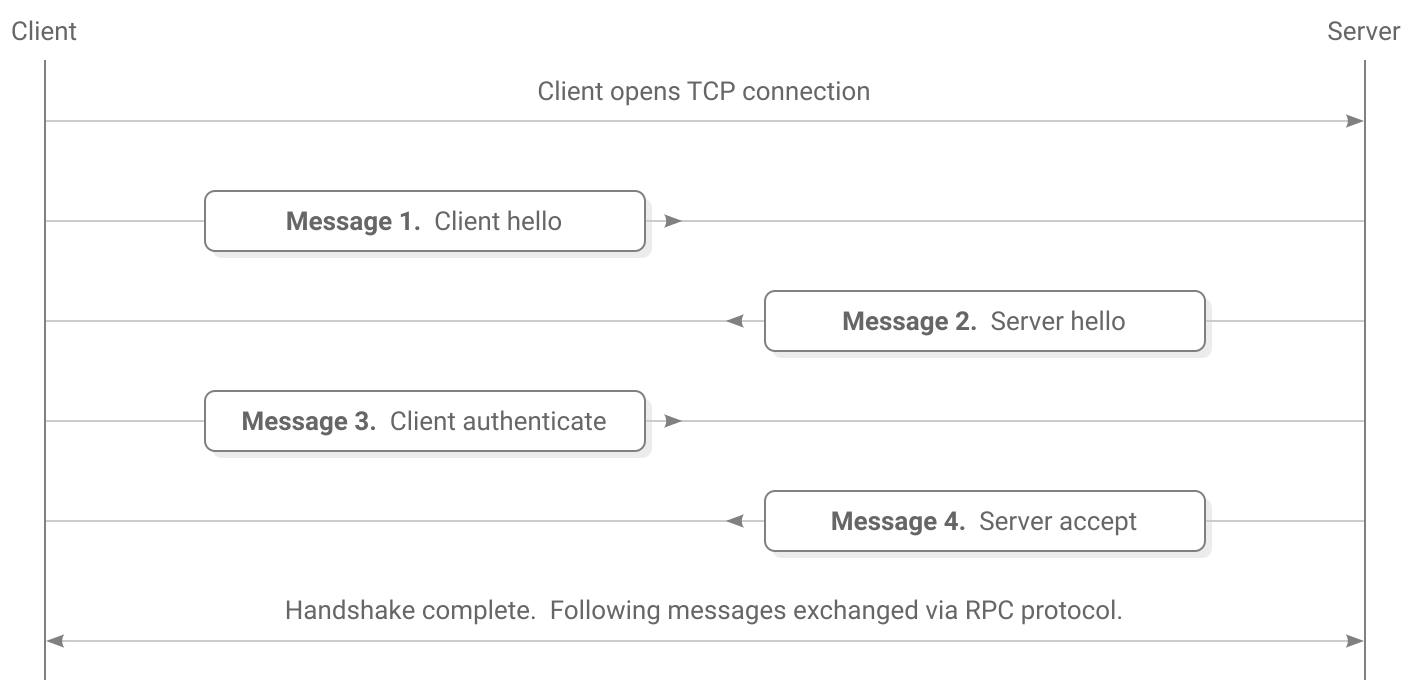 Message 1: Client hello (sent by the client). Message 2: Server hello. Message 3: Client authenticate. Message 4: Server accept